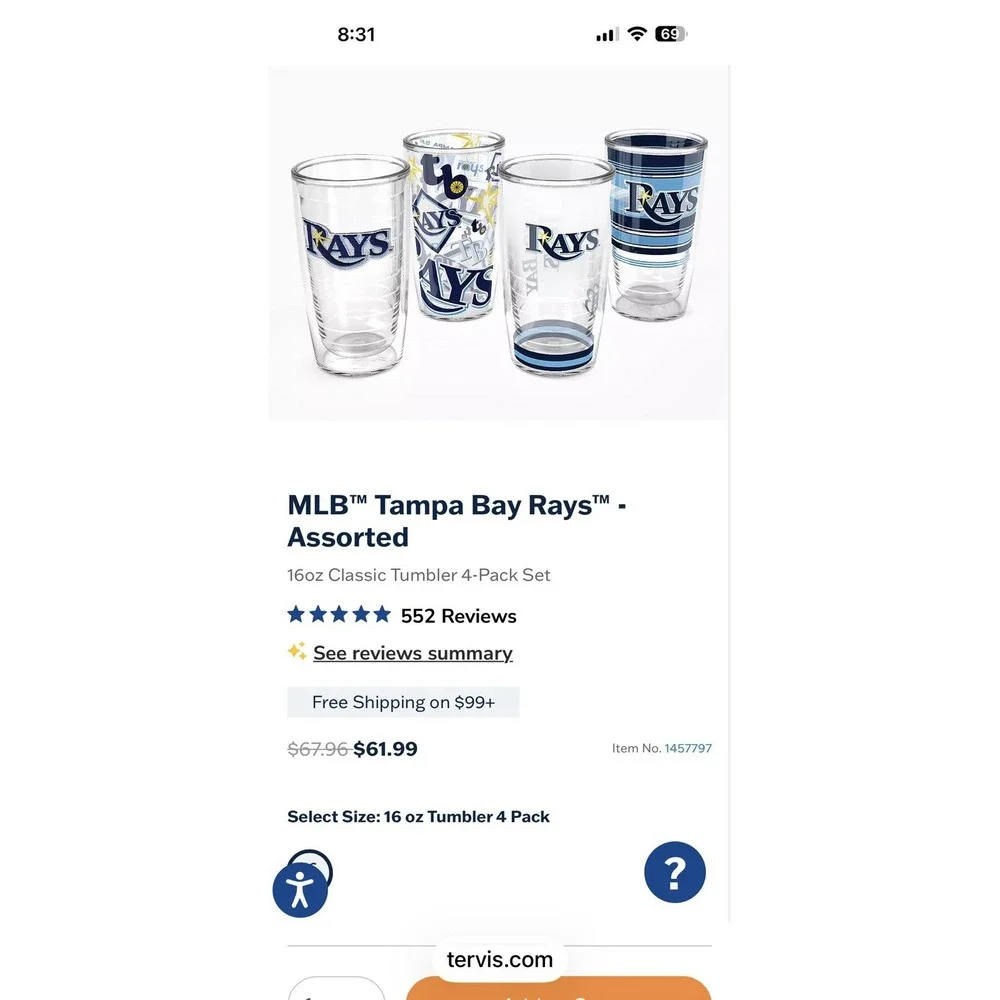 Tervis Tumbler set of four  (4) 16oz Tampa Bay Rays MLB NEW with lids